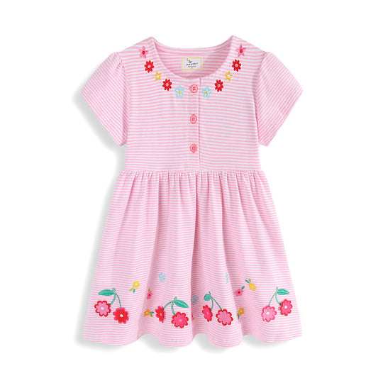 Damen niedliches, gestreiftes Sommerkleid mit Blumenstickerei EB
