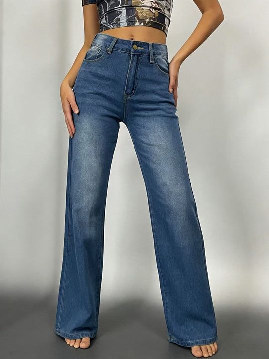 Damen nan hochgeschnittene Jeans mit schmaler Hüftpassform und weitem Schlag im Retro-Stil EB