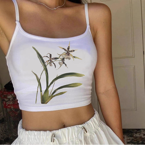 Damen Crop-Top mit floralem Design und schmalen Trägern EB