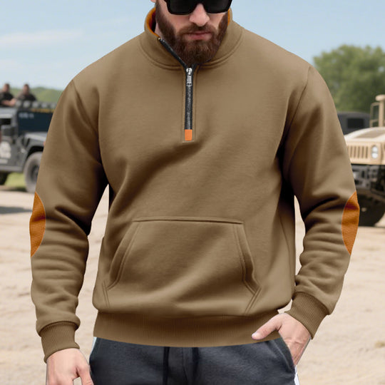 Herren nan Halbzip-Sweatshirt mit Stehkragen, Kängurutasche und kontrastierenden Ellbogenpatches EB