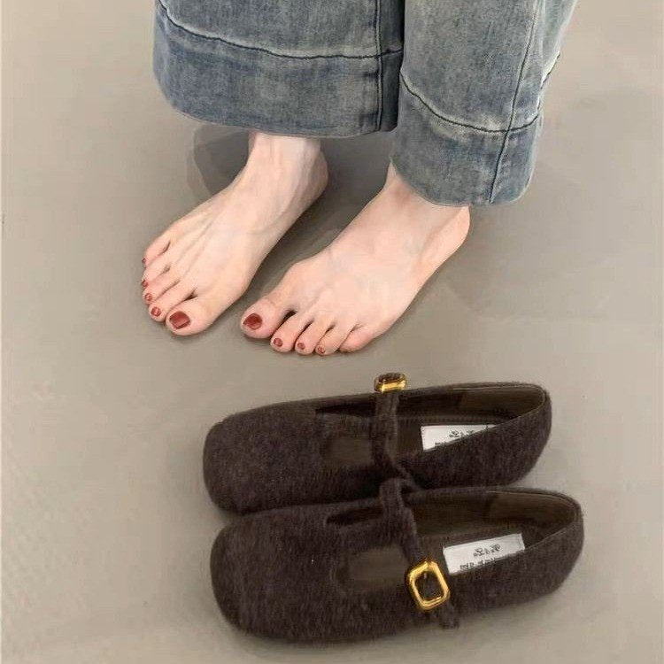 Damen elegante Filz-Ballerinas mit dekorativem Riemchen und bequemer Sohle EB