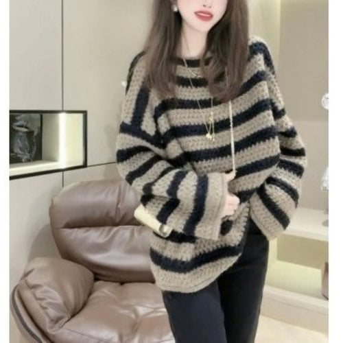 Damen Grobstrickpullover mit lässigem Streifenmuster und voluminösen Ärmeln EB