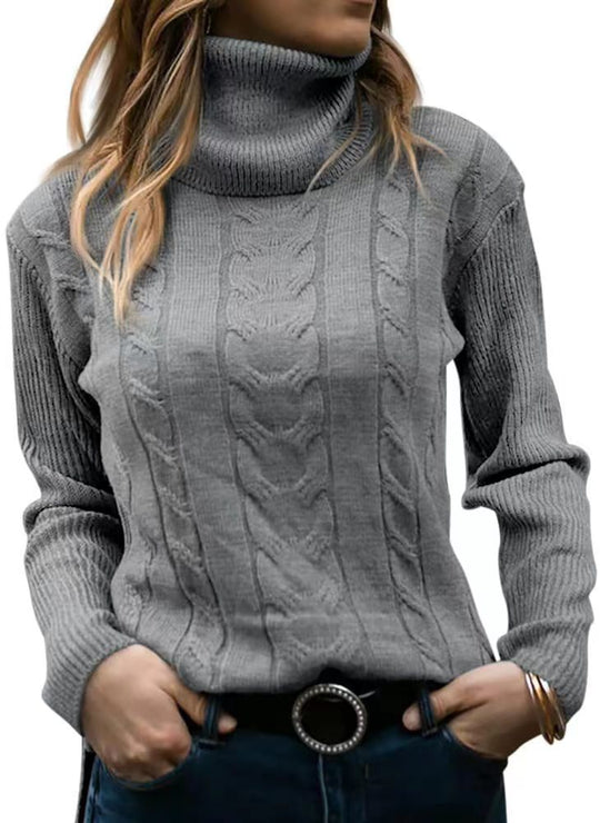 Damen Strickpullover mit Stehkragen und Zopfmuster EB