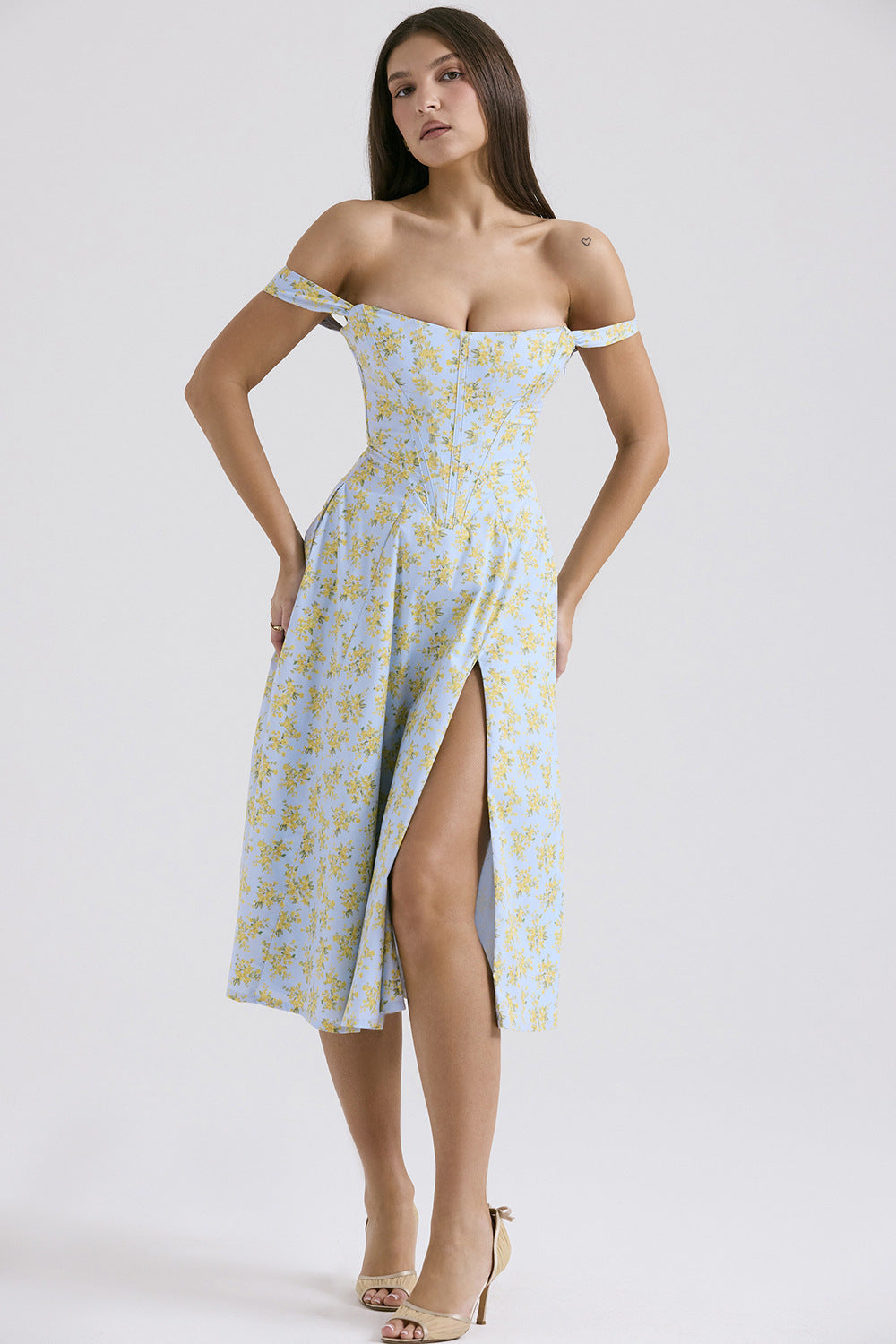 Damen Midikleid mit schulterfreiem Design und floralem Muster EB