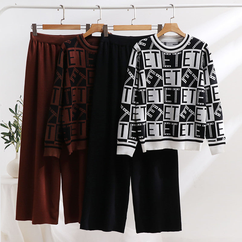 Damen lässiges Strick-Loungewear-Set mit grafischem Muster und weitem Schnitt EB