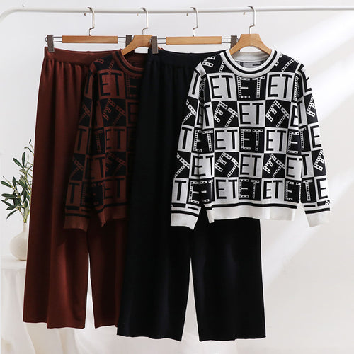 Damen lässiges Strick-Loungewear-Set mit grafischem Muster und weitem Schnitt EB