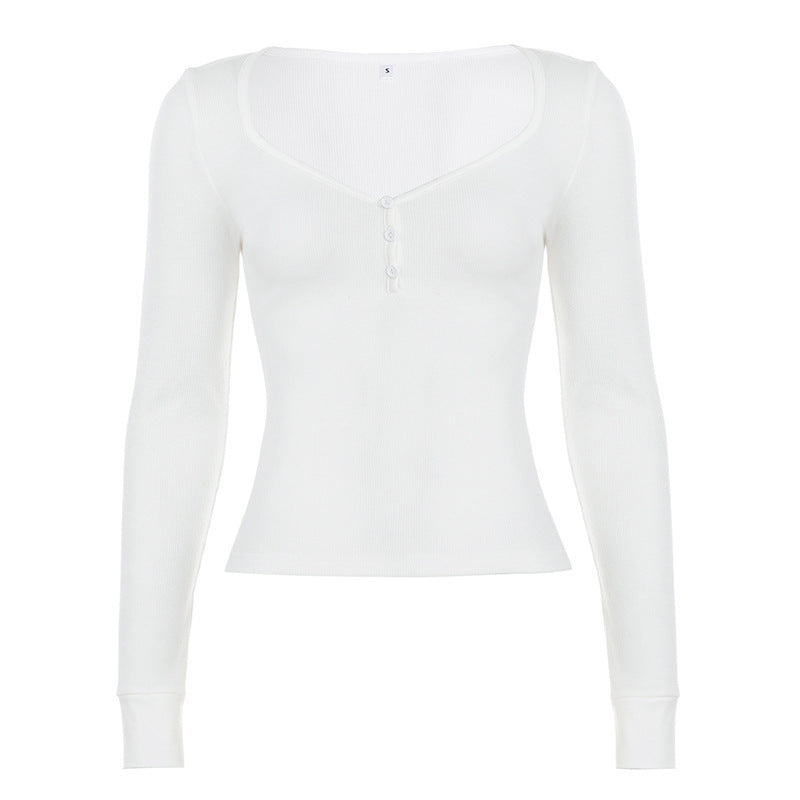 Damen nan figurbetontes geripptes Langarm-Henley-Top mit tiefem V-Ausschnitt und Knopfleiste EB