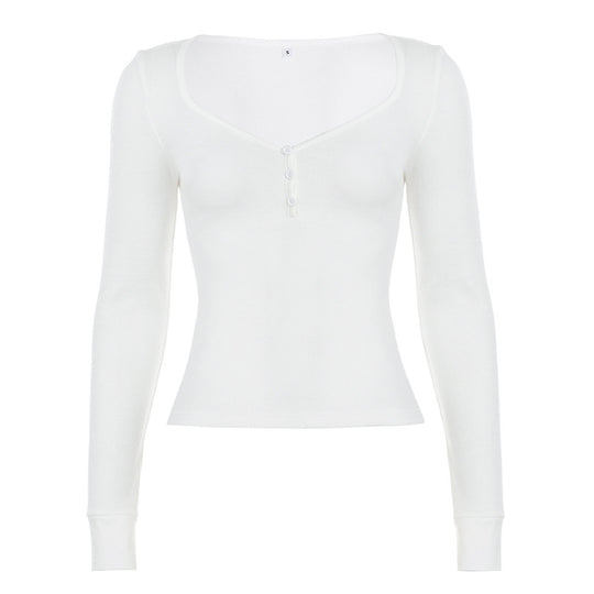 Damen nan figurbetontes geripptes Langarm-Henley-Top mit tiefem V-Ausschnitt und Knopfleiste EB