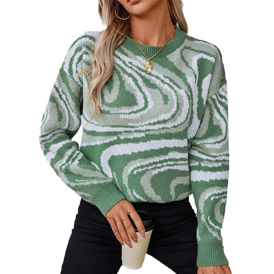Damen gemusterter Strickpullover mit modernem Wellenmuster und Rundhalsausschnitt EB