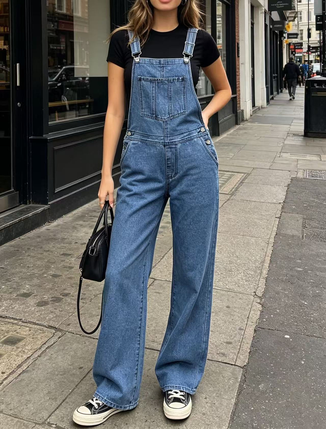 Damen nan weite Denim-Latzhose mit hoher Taille, verstellbaren Trägern und lässigem Schlag EB
