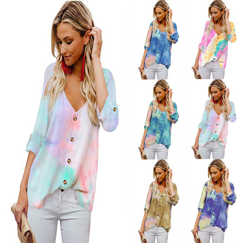 Damen Lässige Bluse mit buntem Farbverlauf und umschlagbaren Ärmel EB