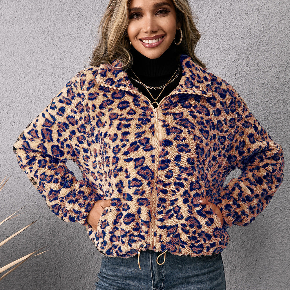 Damen Fleecejacke mit Leoparddruck und seitlichen Taschen EB
