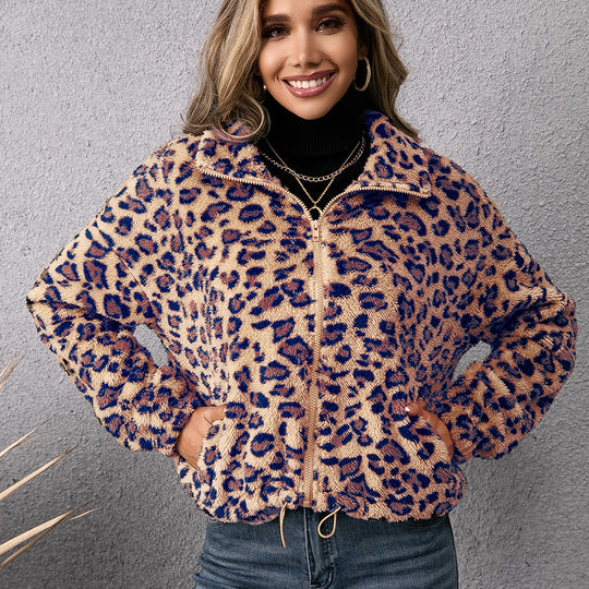 Damen Fleecejacke mit Leoparddruck und seitlichen Taschen EB