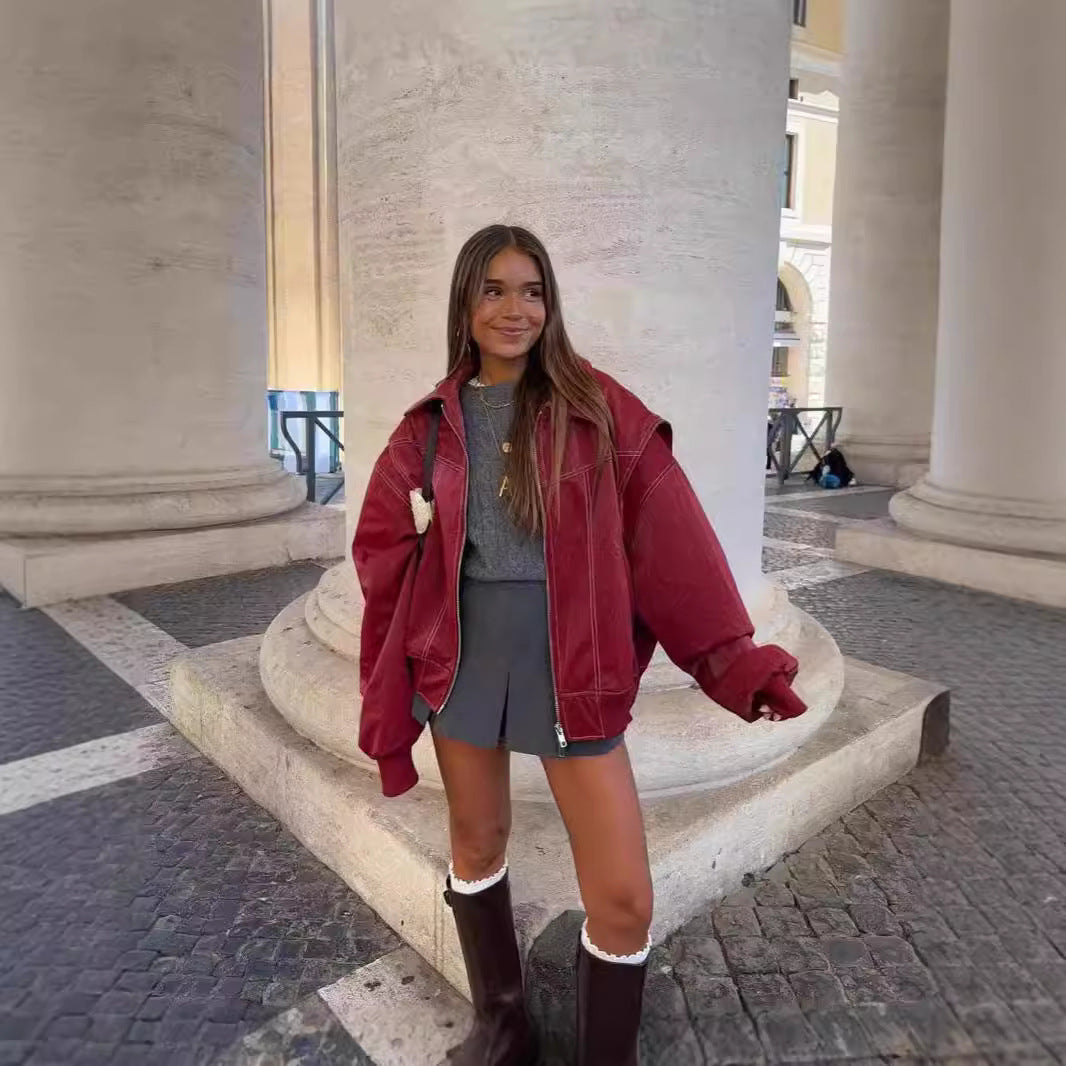 Damen Modische Kunstlederjacke mit oversized Schnitt EB
