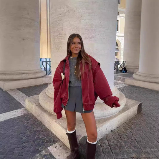Damen Modische Kunstlederjacke mit oversized Schnitt EB