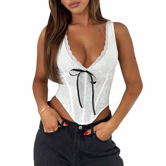 Damen Spitzen-Bustier mit elegantem V-Ausschnitt und dekorativem Schleifendetail EB