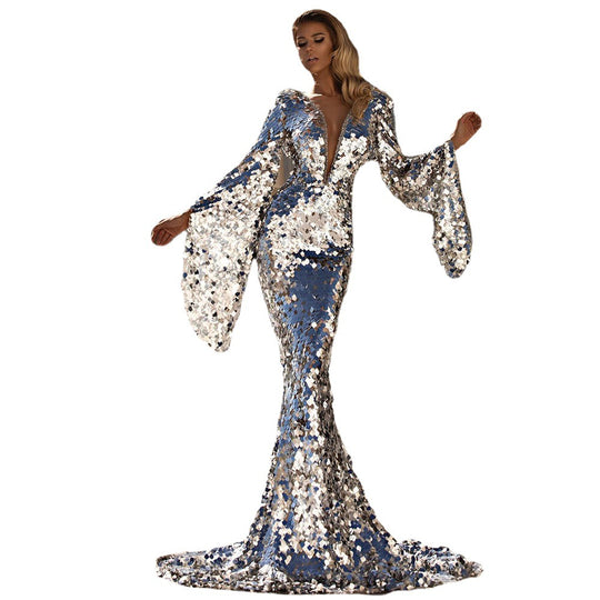 Damen Glamouröses Pailletten Abendkleid mit tiefem V-Ausschnitt und langen Ärmeln EB