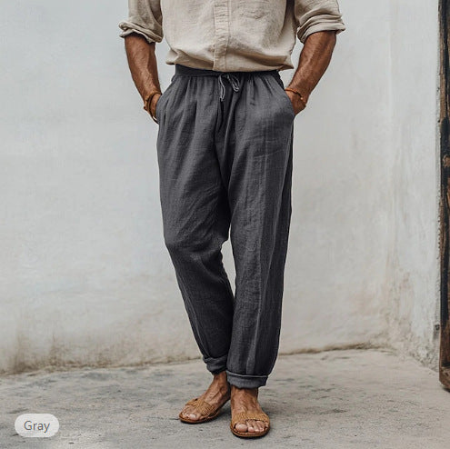 Herren nan lässige Leinenmisch-Joggerhose mit Kordelzug, angeschrägten Eingrifftaschen und schmalem Knöchelabschluss EB