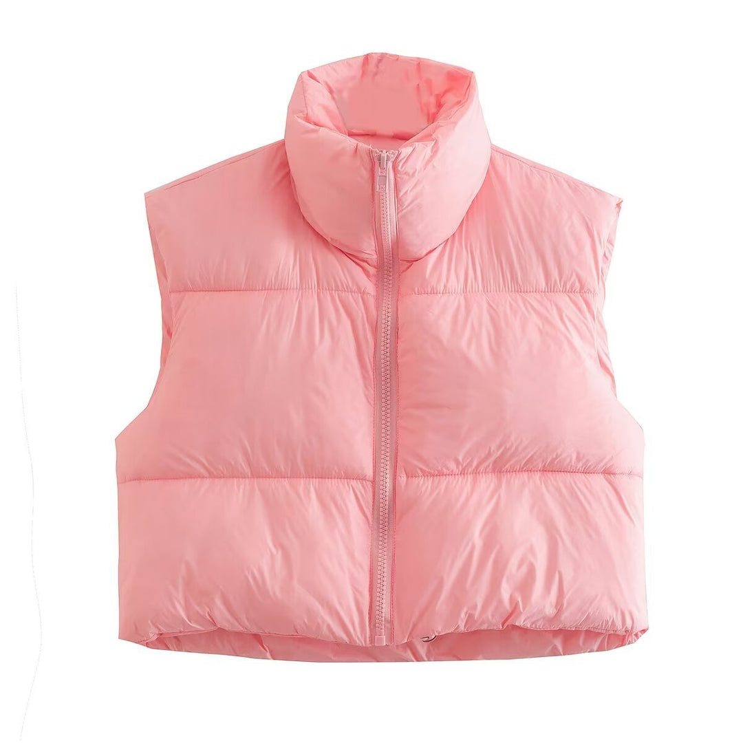Damen cropped Daunenweste mit hohem Kragen und praktischen Taschen EB