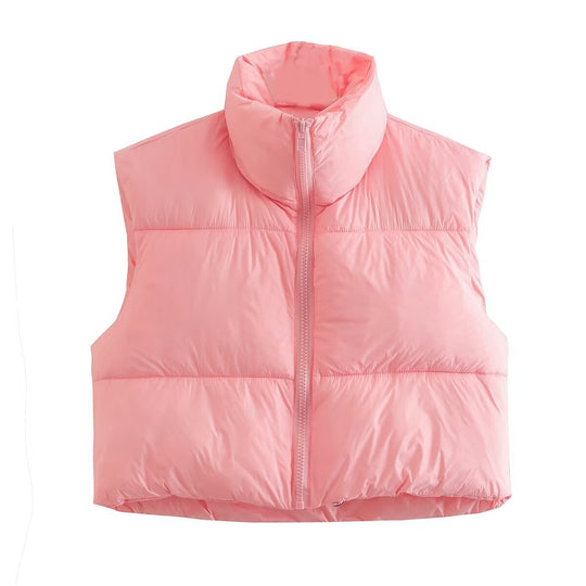 Damen cropped Daunenweste mit hohem Kragen und praktischen Taschen EB