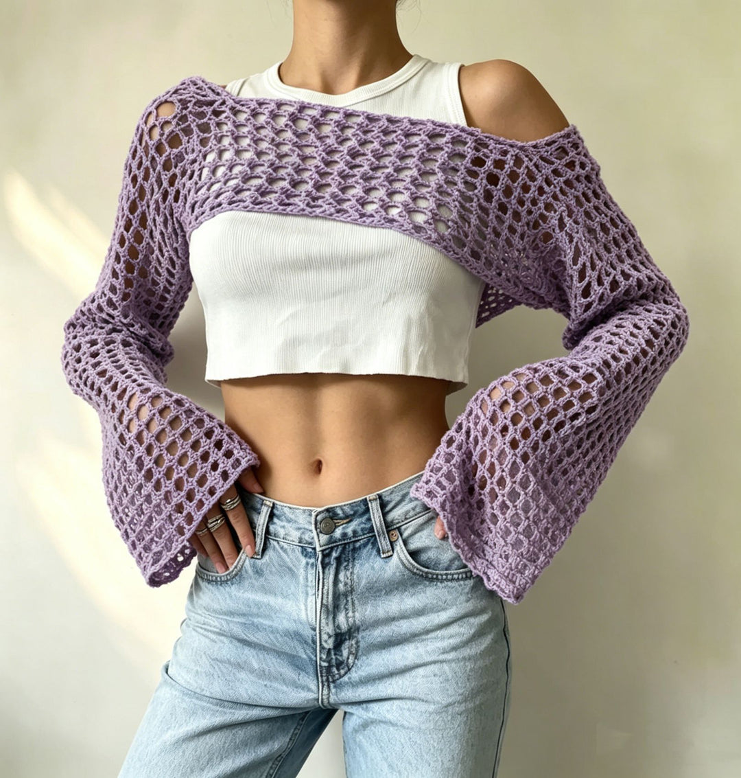 Damen gehäkelter kurzer Bolero mit asymmetrischem Schulterauschnitt und ausgestellten Ärmeln EB