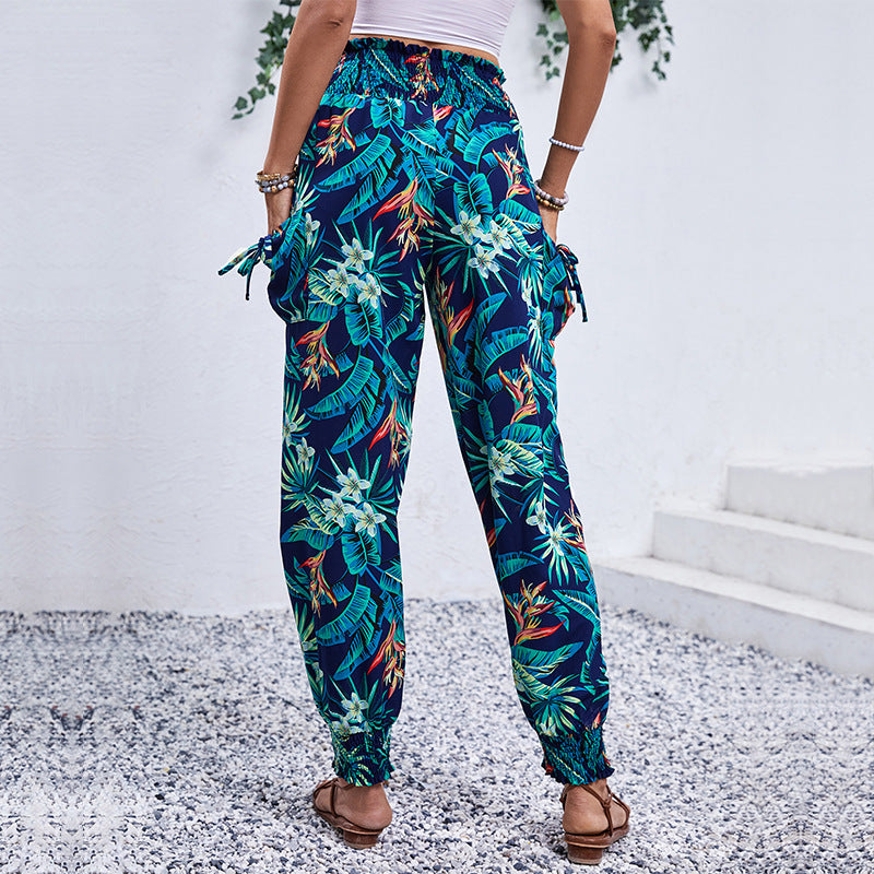 Damen Comfortable Cargo-Hose mit tropischem Muster und elastischem Bund EB