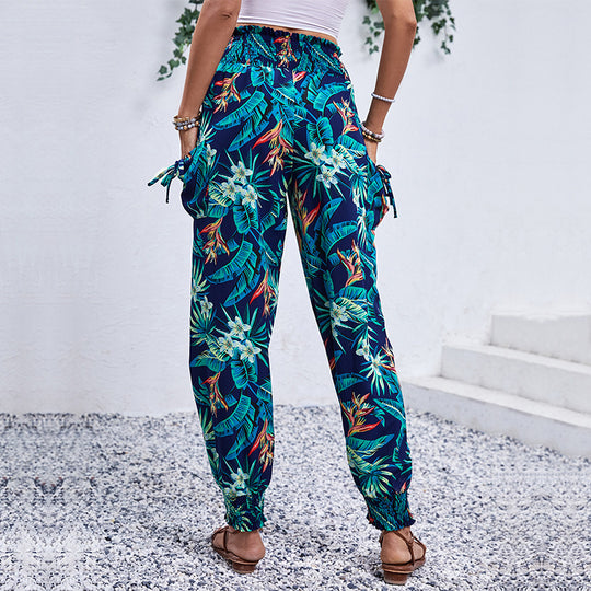 Damen Comfortable Cargo-Hose mit tropischem Muster und elastischem Bund EB