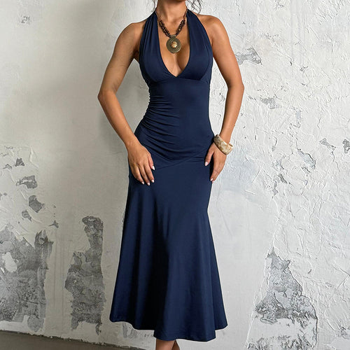 Damen elegantes Maxikleid mit tiefem V-Ausschnitt und raffiniertem Schleifendetail EB