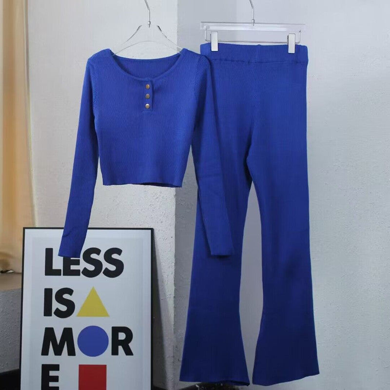 Damen lässiges Strick-Loungewear-Set mit Knopfdetails und weitem Bein EB
