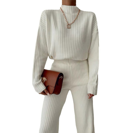 Damen Strick-Loungewear-Set mit hohem Kragen und weitem Bein EB