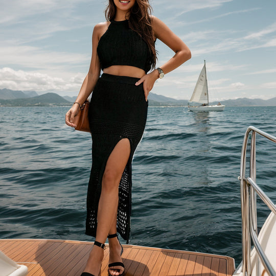 Damen gehäkeltes Maxi-Rock-Outfit mit femininen Schlitzdetails und cropped Oberteil EB