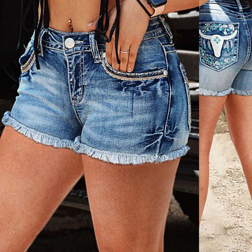 Damen Jeans-Shorts mit floralen Details und ausgefransten Säumen EB