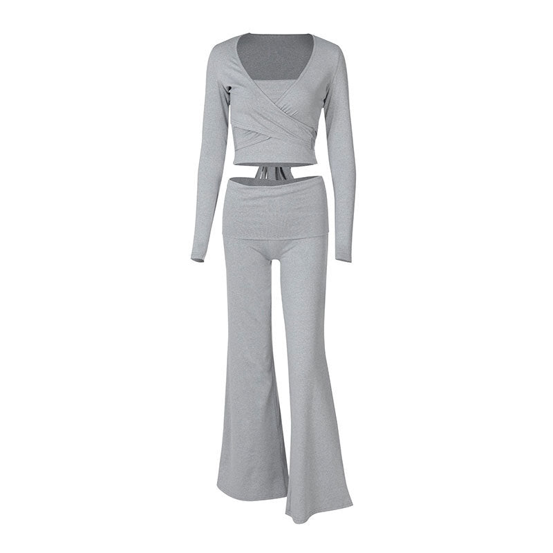 Damen modisches Two-Piece Set mit Wickeloberteil und Schlaghose EB