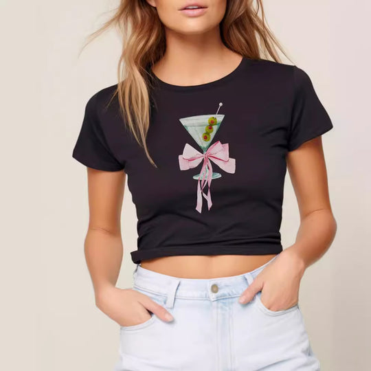 Damen Cropped T-Shirt mit trendy Cocktail-Design EB