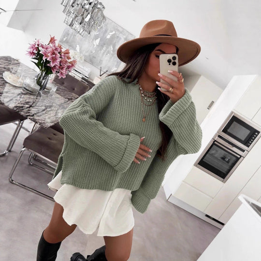 Damen oversized Strickpullover mit strukturiertem Lochdesign und lässigem Schnitt EB