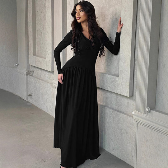 Damen Elegantes Maxikleid mit tiefem V-Ausschnitt und fließendem Schnitt EB