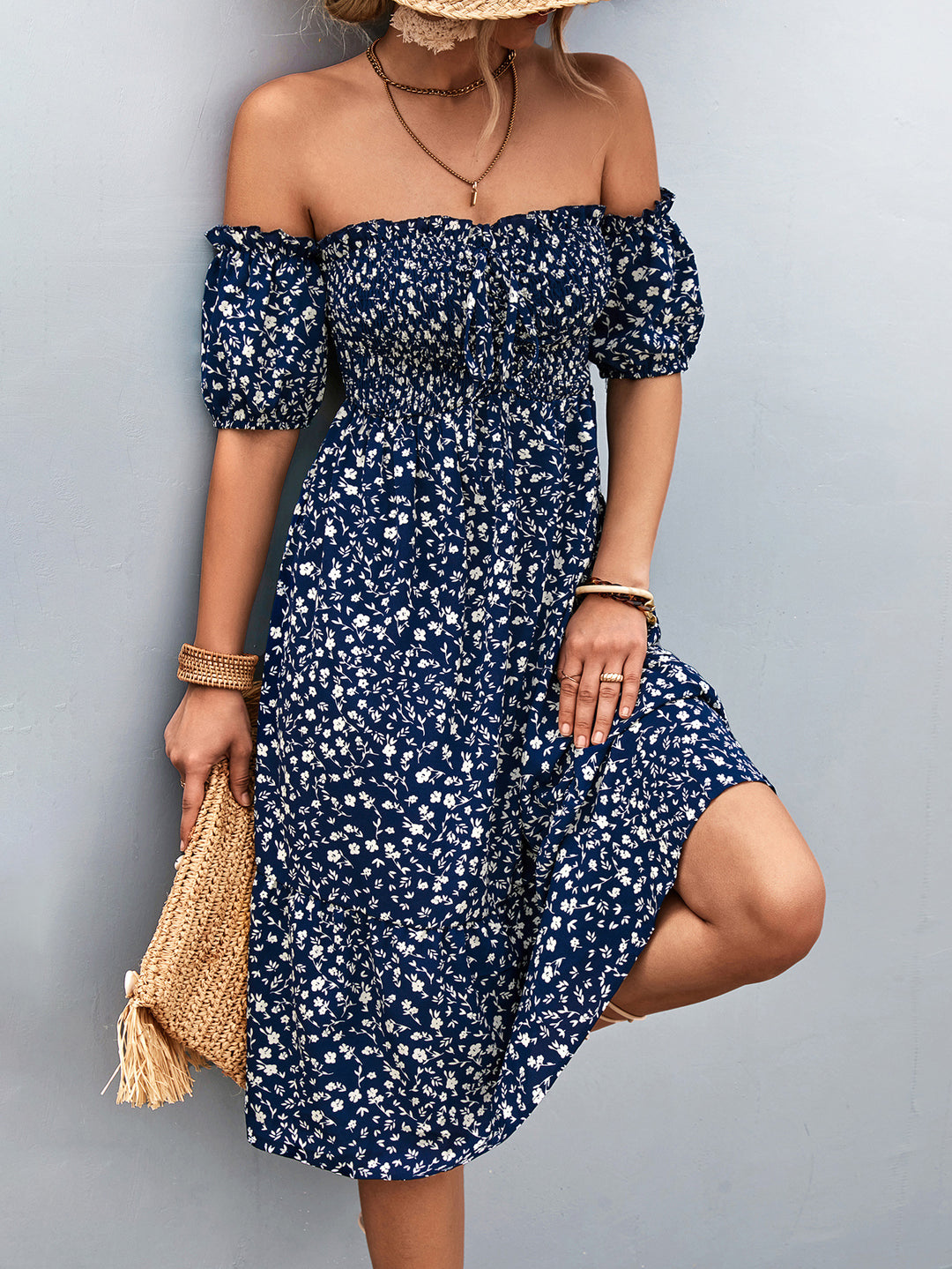 Damen Off-Shoulder Freizeitkleid mit eleganten Puffärmeln und floralen Mustern EB