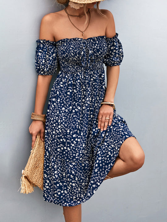 Damen Off-Shoulder Freizeitkleid mit eleganten Puffärmeln und floralen Mustern EB