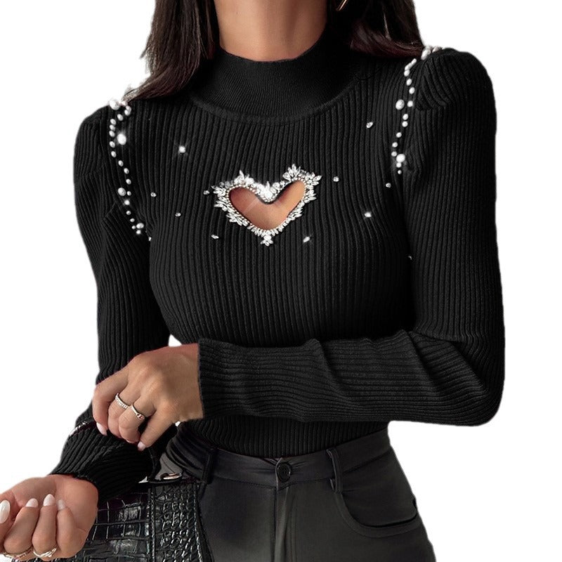 Damen Strickpullover mit glitzernden Herz-Ausschnitt und Dekorelementen EB