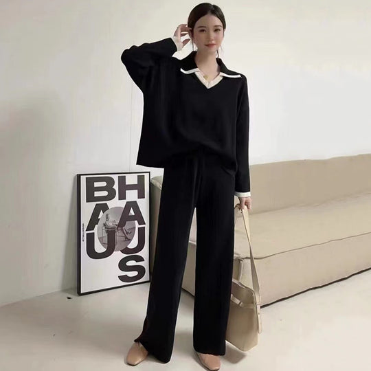 Damen elegantes und lässiges Strickensemble mit V-Ausschnitt und breitem Saum EB
