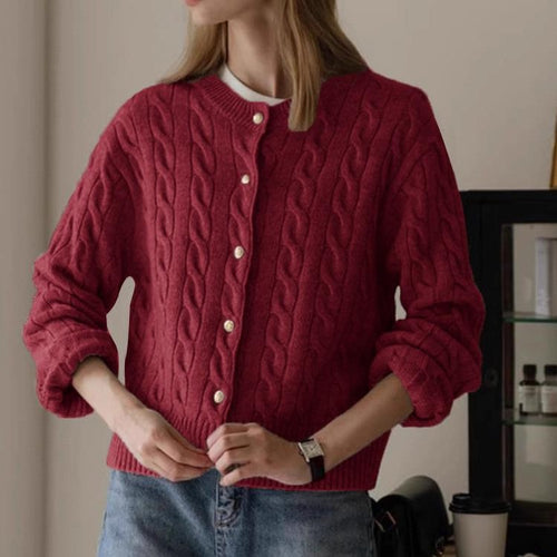 Damen eleganter Strickcardigan mit ausgefallenem Zopfmuster und dekorativen Knöpfen EB