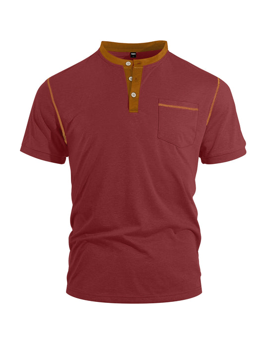 Herren nan legeres Kurzarm-Bandkragenshirt mit Knopfleiste Brusttasche und Flatlocknähten EB
