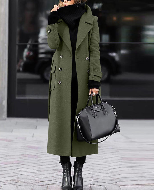 Damen nan eleganter Maxi-Wollmixmantel mit doppelreihiger Knopfleiste, weitem Reverskragen und aufgesetzten Taschenklappen EB