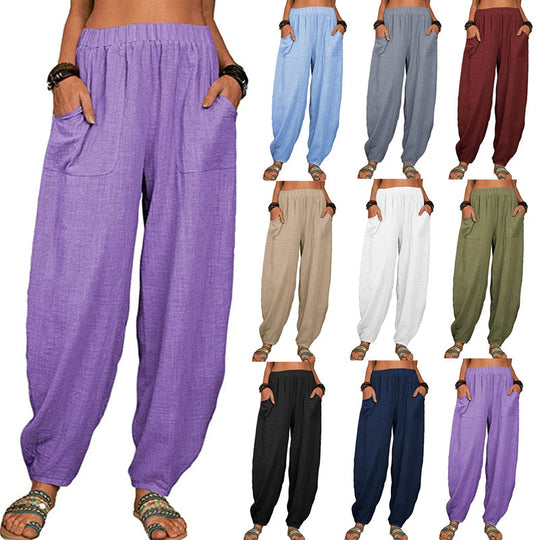 Damen nan lockere Leinenhose mit weitem Bein elastischem Bund und großen aufgesetzten Taschen EB
