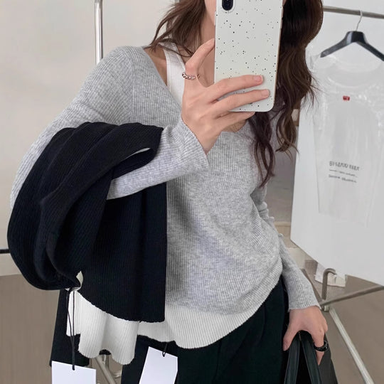 Damen lässiger V-Ausschnitt Strickpullover mit kontrastrierendem Saum EB