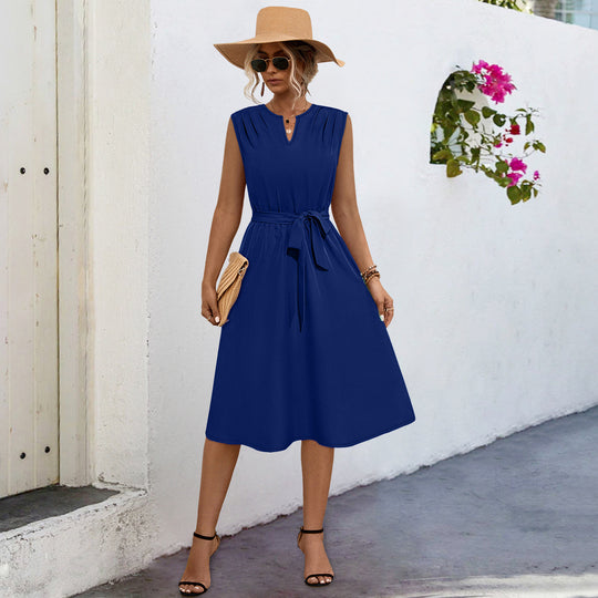 Damen Midi-Kleid mit elegantem Taillengürtel und modischem Faltenrock EB