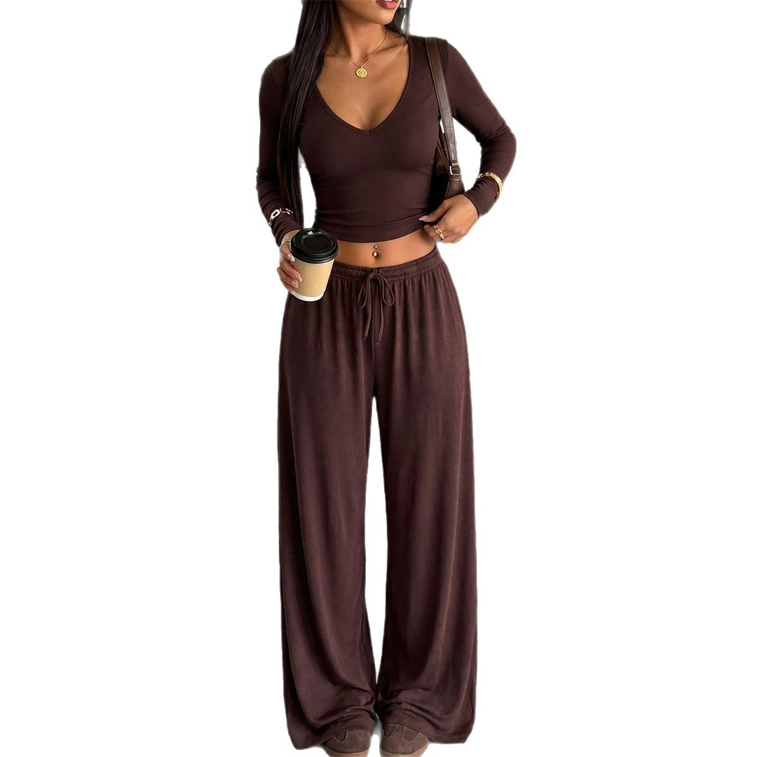 Damen nan elegantes Lounge-Set mit figurbetontem V-Ausschnitt Longsleeve und weiten Relax-Hosen EB