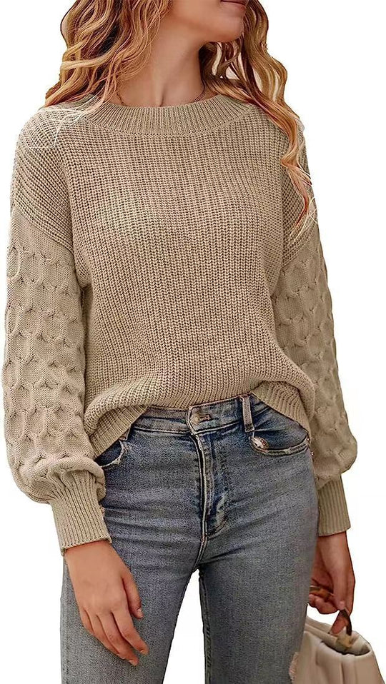 Damen modischer Strickpullover mit strukturierten Ärmeln und Rundhalsausschnitt EB