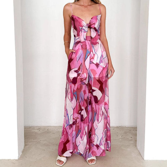 Damen Jumpsuit mit verspieltem Knotendetail und farbenfrohem Muster EB
