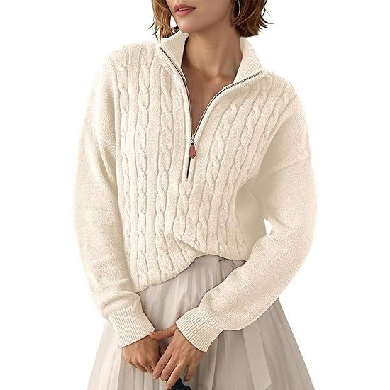 Damen Grobstrick Pullover mit Stehkragen und halbem Reißverschluss EB